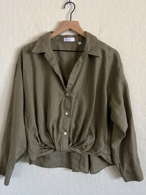 Little Moon Aritzia 100% Linen Portofino Long Sleeve Button Down Shirt Med Green